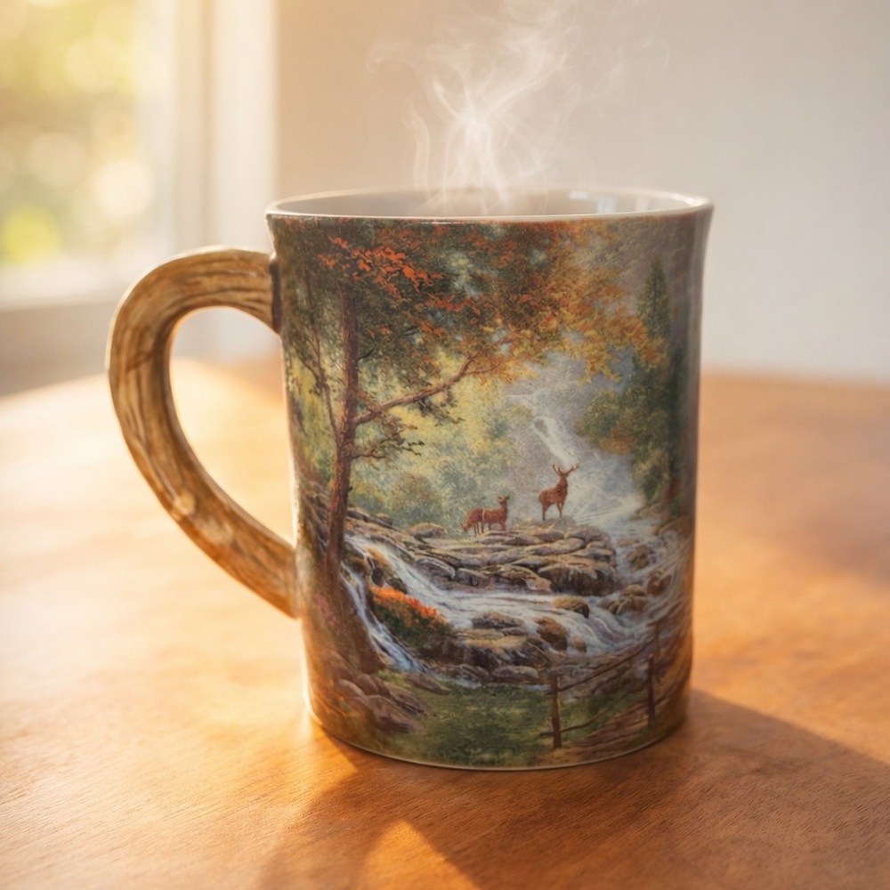 Thomas Kinkade Mountain Paradise Mug Deer Cabin Country Scene
